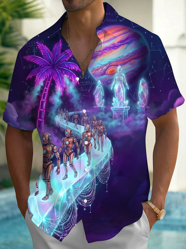 Adaychic Neon Palm Robot Planet Print Men's Pocket Short Sleeve Shirts