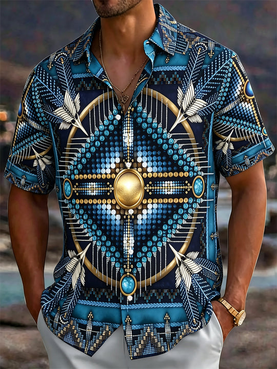 Adaychic Men's Vintage Style Feather Motif Print Short Sleeve Shirt with Chest Pocket