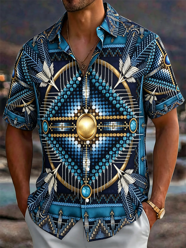 Adaychic Men's Vintage Style Feather Motif Print Short Sleeve Shirt with Chest Pocket