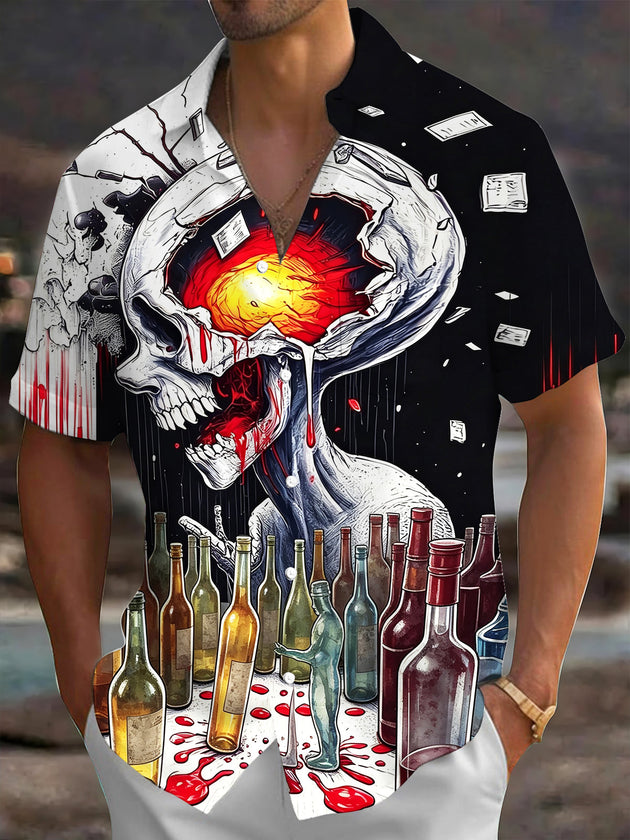 Adaychic Men's Graphic Blood Splatter Art Print Skull Print Short Sleeve Shirt with Chest Pocket