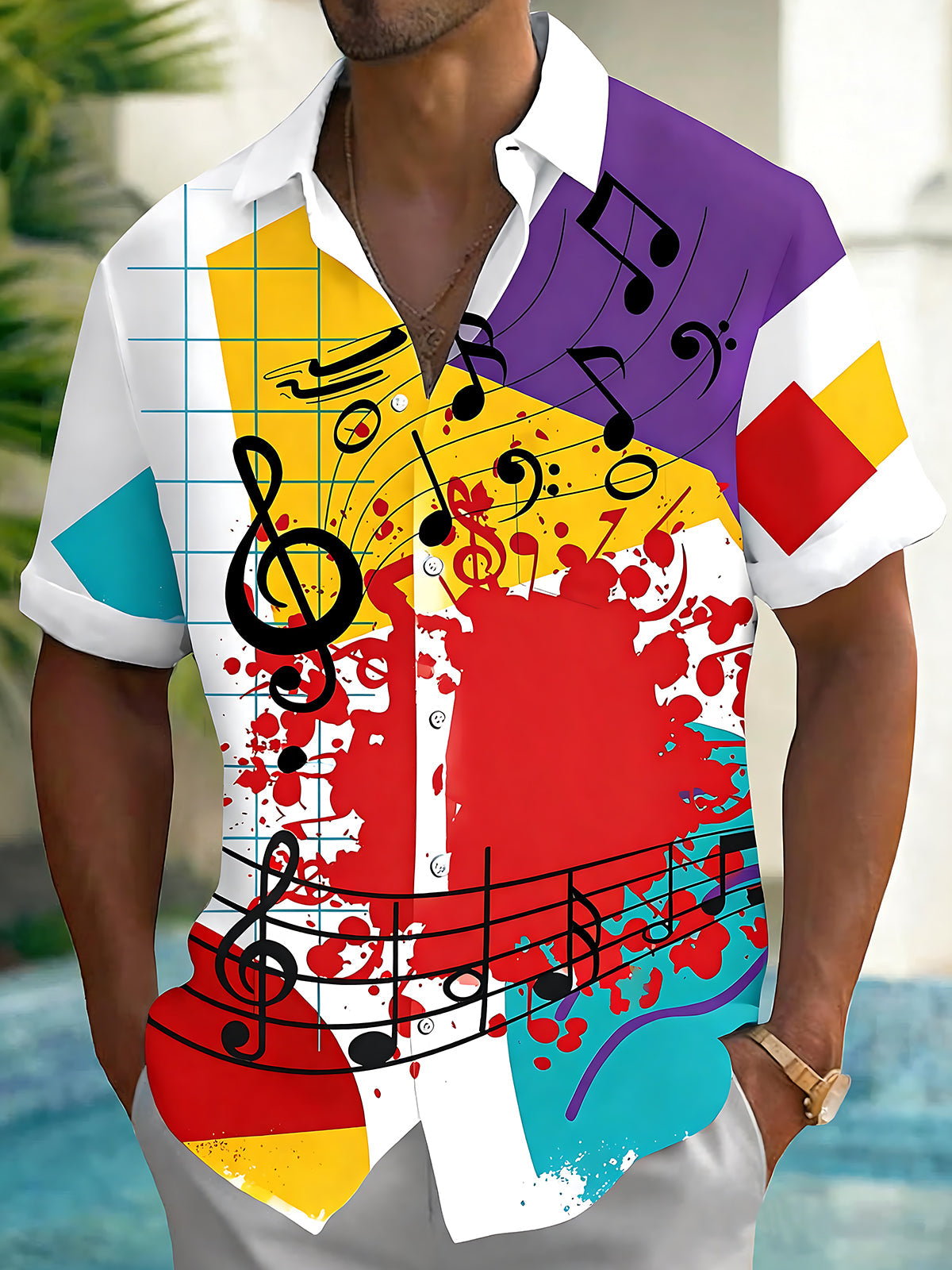 Adaychic Men's Graphic Music Notes Print Short Sleeve Shirt with Chest Pocket