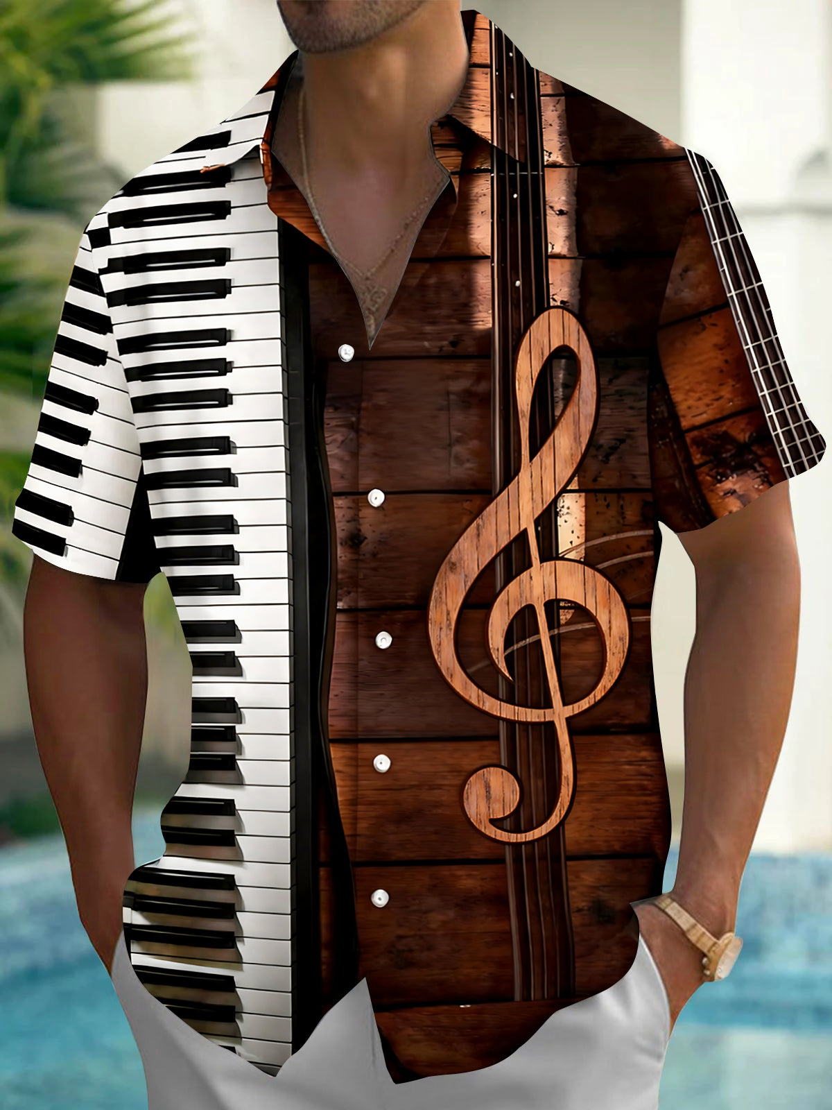 Adaychic Men's Graphic Piano Keyboard Print Short Sleeve Shirt with Chest Pocket