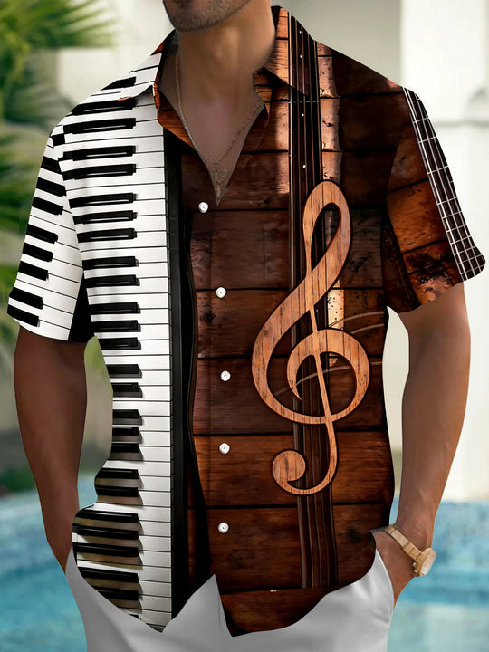 Adaychic Men's Graphic Piano Keyboard Print Short Sleeve Shirt with Chest Pocket