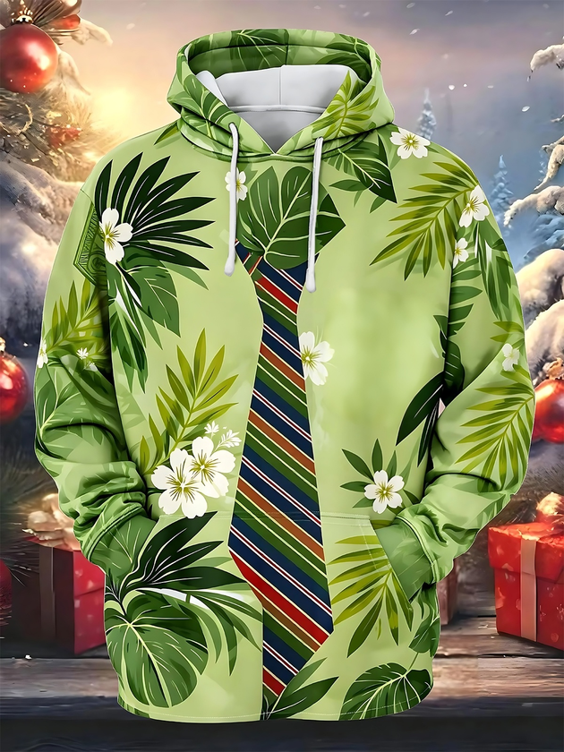 Adaychic Men's Hawaiian Tropical Leaves Print Long Sleeve Hoodie with Chest Pocket