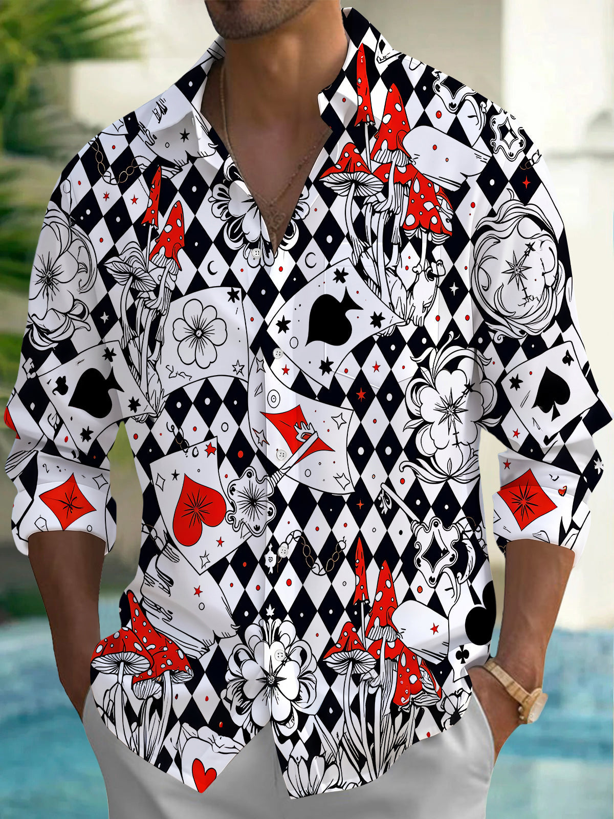 Adaychic Men's Graphic Casino Print Poker Print Long Sleeve Shirt with Chest Pocket