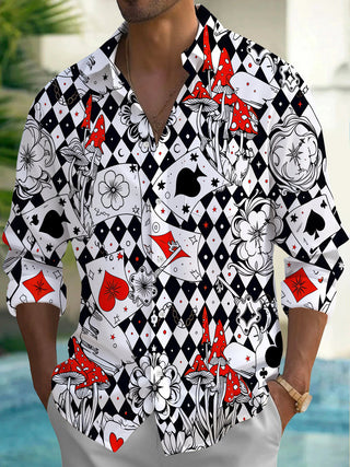 Adaychic Men's Graphic Casino Print Poker Print Long Sleeve Shirt with Chest Pocket