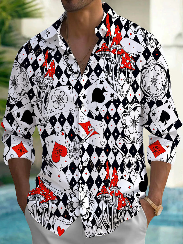 Adaychic Men's Graphic Casino Print Poker Print Long Sleeve Shirt with Chest Pocket