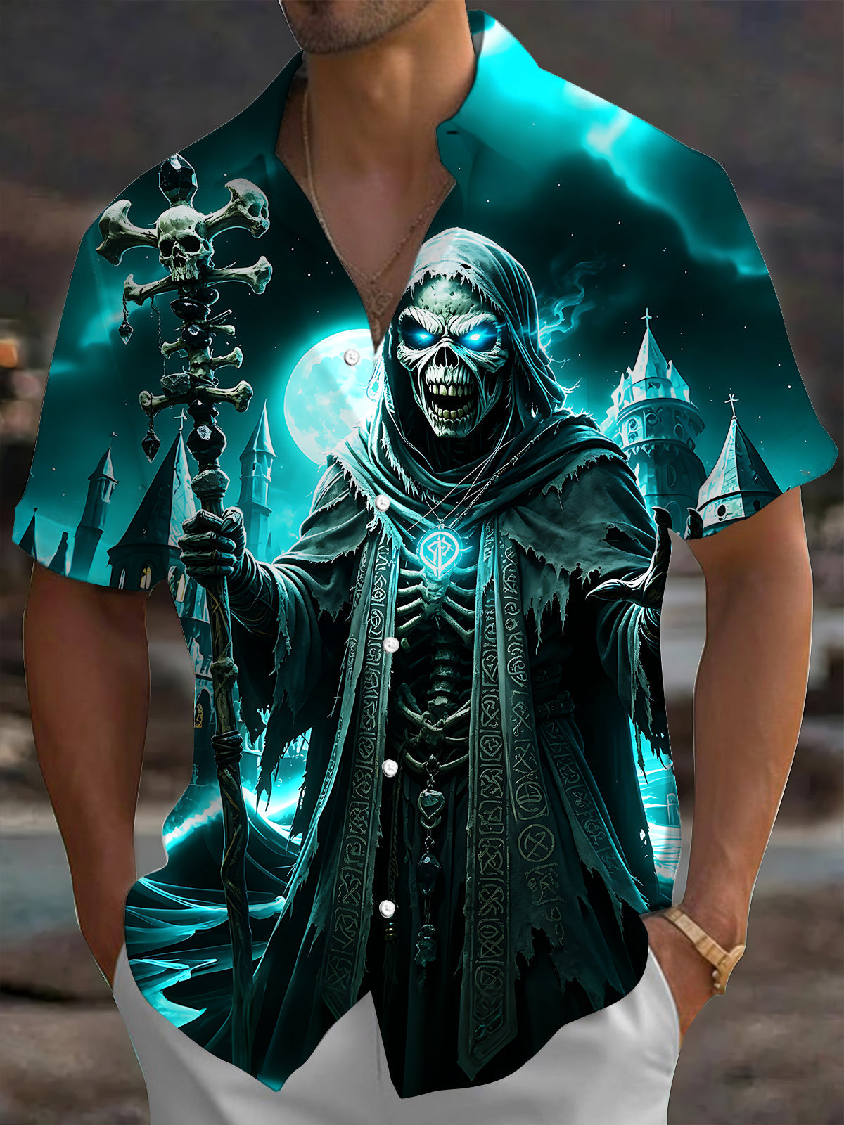 Adaychic Men's Graphic Halloween Print Short Sleeve Shirt with Chest Pocket