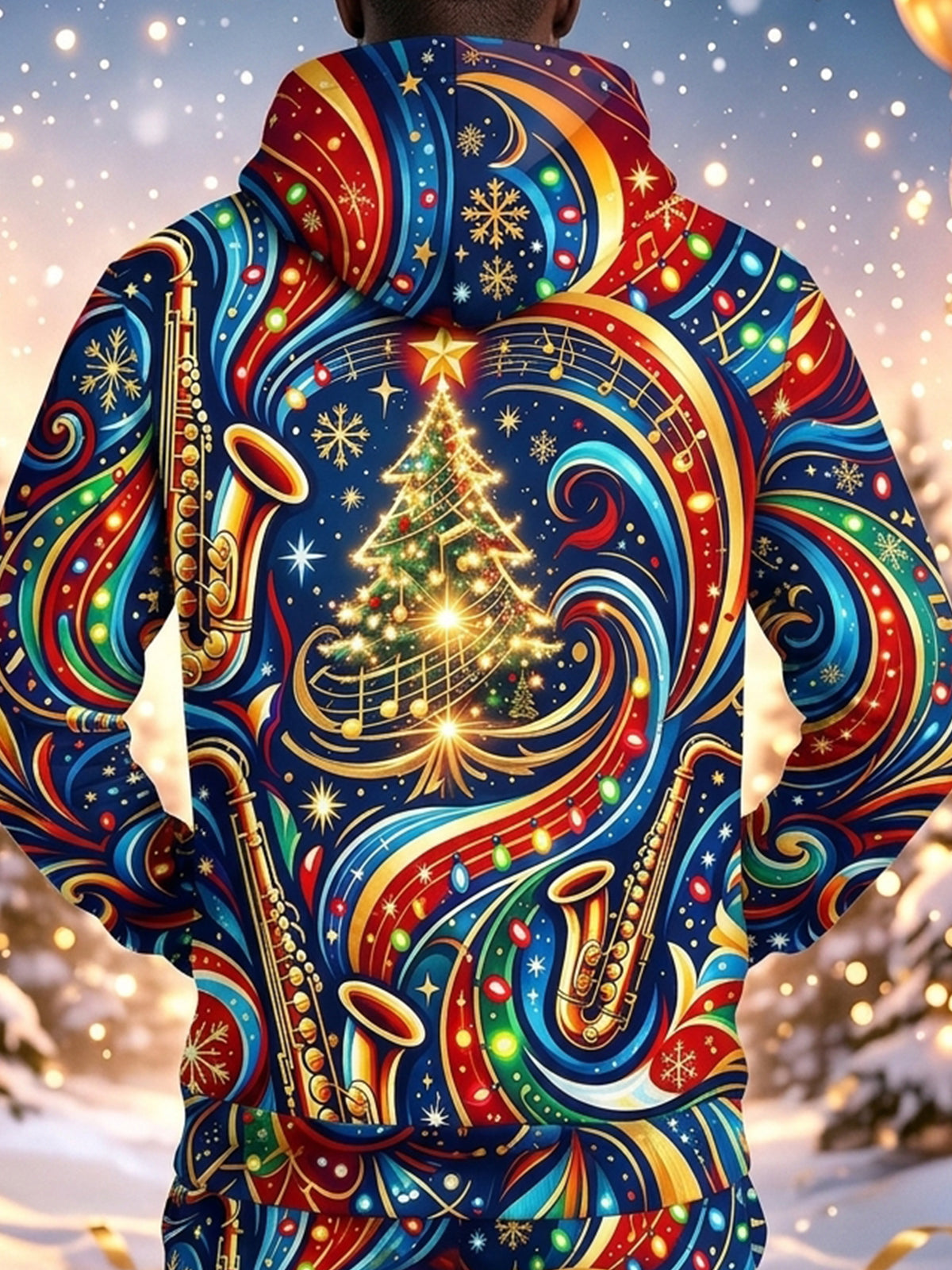 Adaychic Men's Graphic Christmas Music Print Saxophone Print Long Sleeve Hoodie