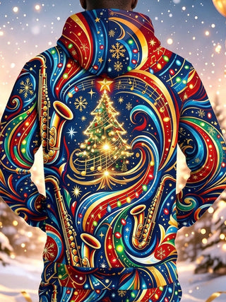 Adaychic Men's Graphic Christmas Music Print Saxophone Print Long Sleeve Hoodie