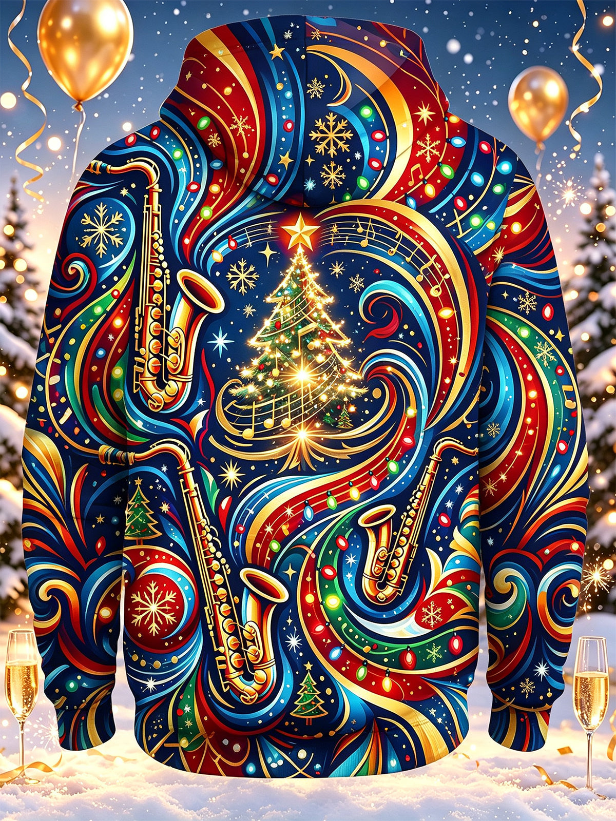 Adaychic Men's Graphic Christmas Music Print Saxophone Print Long Sleeve Hoodie