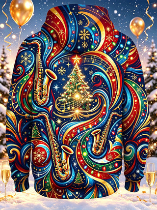 Adaychic Men's Graphic Christmas Music Print Saxophone Print Long Sleeve Hoodie