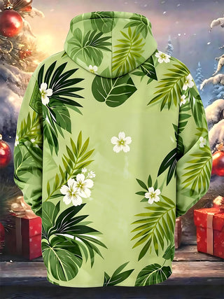 Adaychic Men's Hawaiian Tropical Leaves Print Long Sleeve Hoodie with Chest Pocket