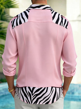 Adaychic Men's Printed Zebra Print Pink Shirt Print Long Sleeve Shirt with Chest Pocket
