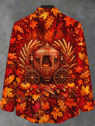 Adaychic Men's Autumn Carriage With Pumpkins And Leaves Print Long Sleeve Shirt with Chest Pocket