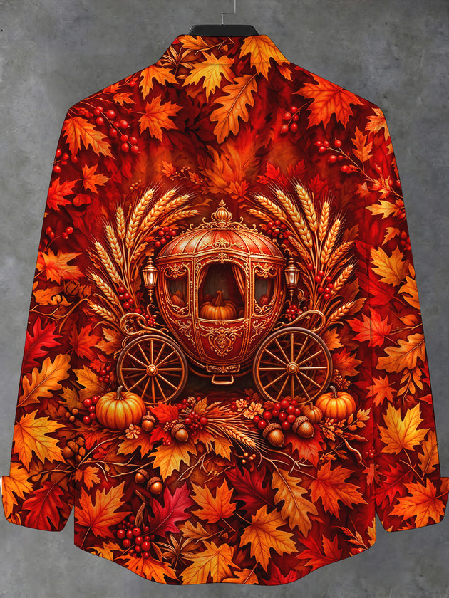 Adaychic Men's Autumn Carriage With Pumpkins And Leaves Print Long Sleeve Shirt with Chest Pocket