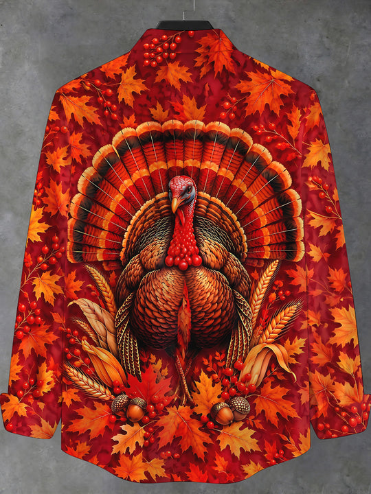 Adaychic Men's Long Sleeve Shirt - Thanksgiving Turkey With Maple Leaves And Acorns Print