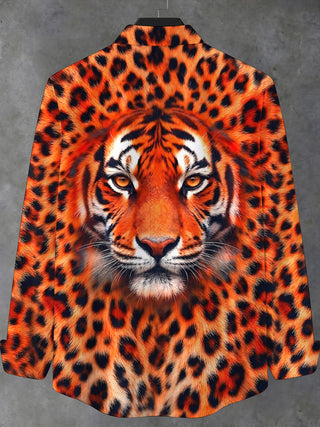 Adaychic Men's Tiger Face Print Long Sleeve Stand Collar Shirt