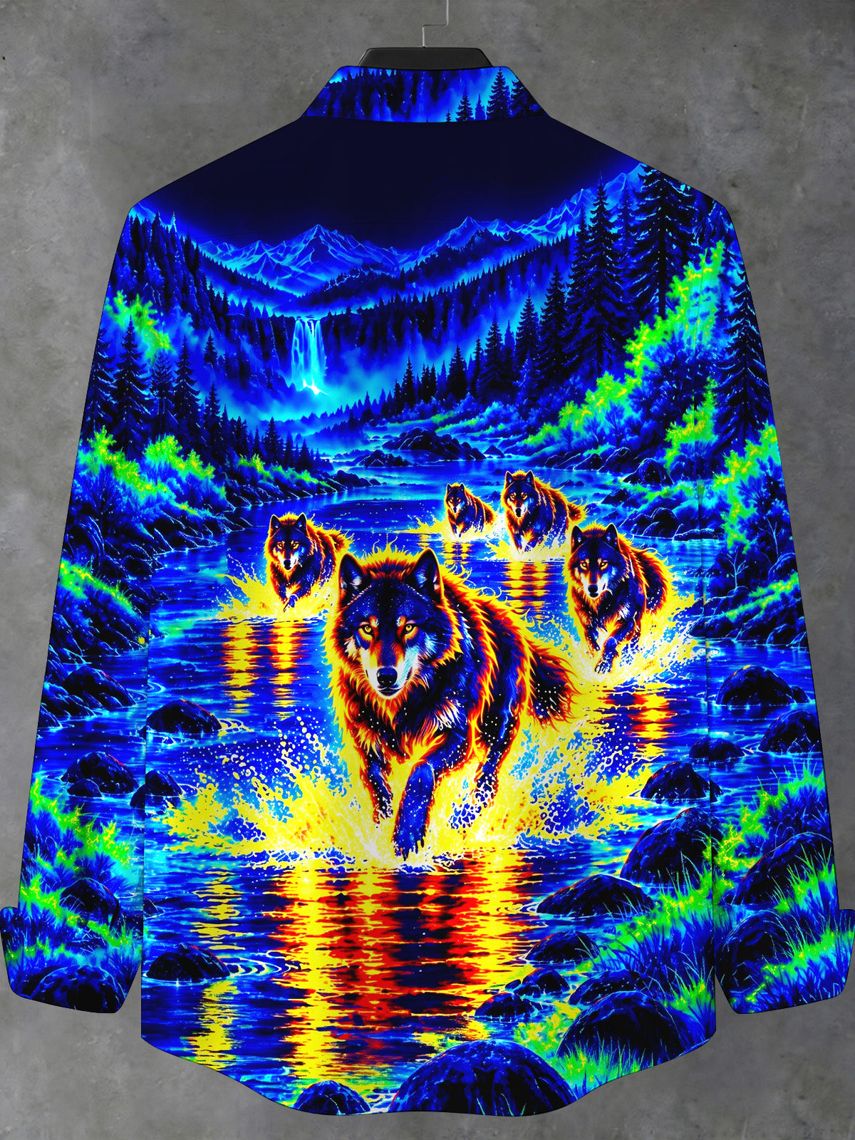 Adaychic Men's Long Sleeve Stand Collar Shirt - Psychedelic Wolves In River Landscape Print