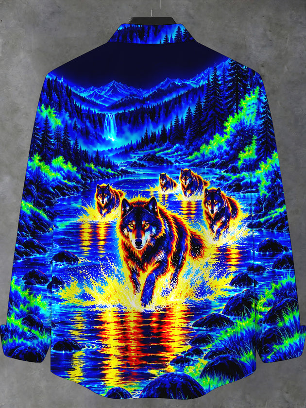 Adaychic Men's Long Sleeve Stand Collar Shirt - Psychedelic Wolves In River Landscape Print