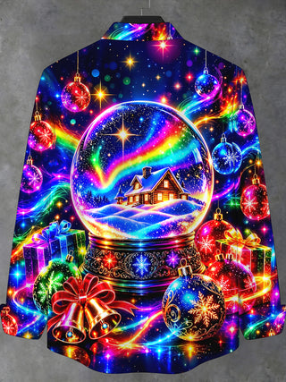 Adaychic Men's Long Sleeve Stand Collar Shirt - Christmas Snow Globe With Cabin And Rainbow Print