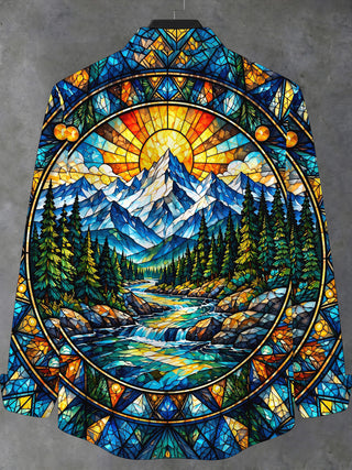 Adaychic Men's Long Sleeve Stand Collar Shirt - Stained Glass Mountain River Landscape Print