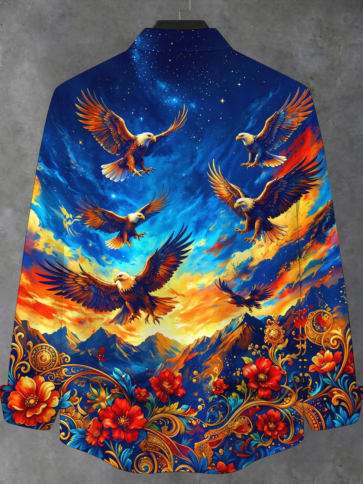 Adaychic Men's Bald Eagles In Starry Sky Print Long Sleeve Stand Collar Shirt