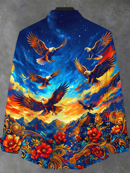 Adaychic Men's Bald Eagles In Starry Sky Print Long Sleeve Stand Collar Shirt
