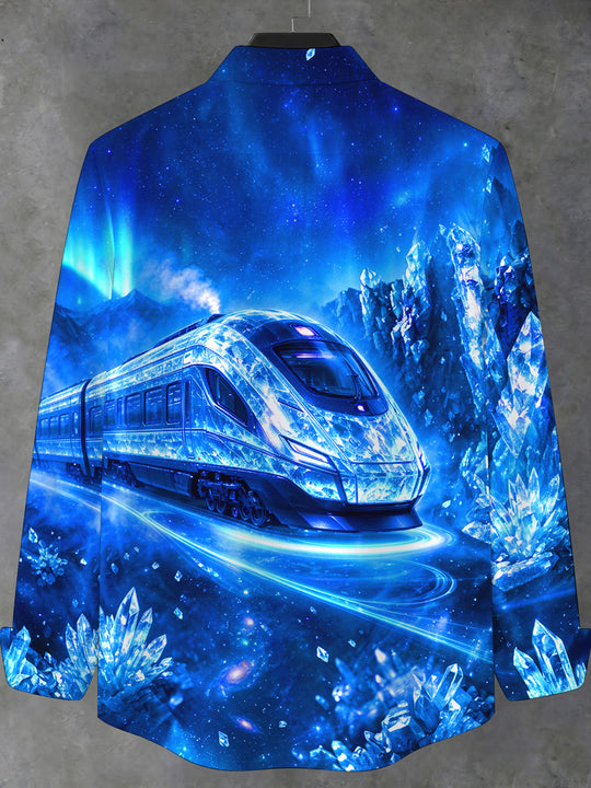 Adaychic Men's Long Sleeve Stand Collar Shirt - Crystal Train And Aurora Borealis Print