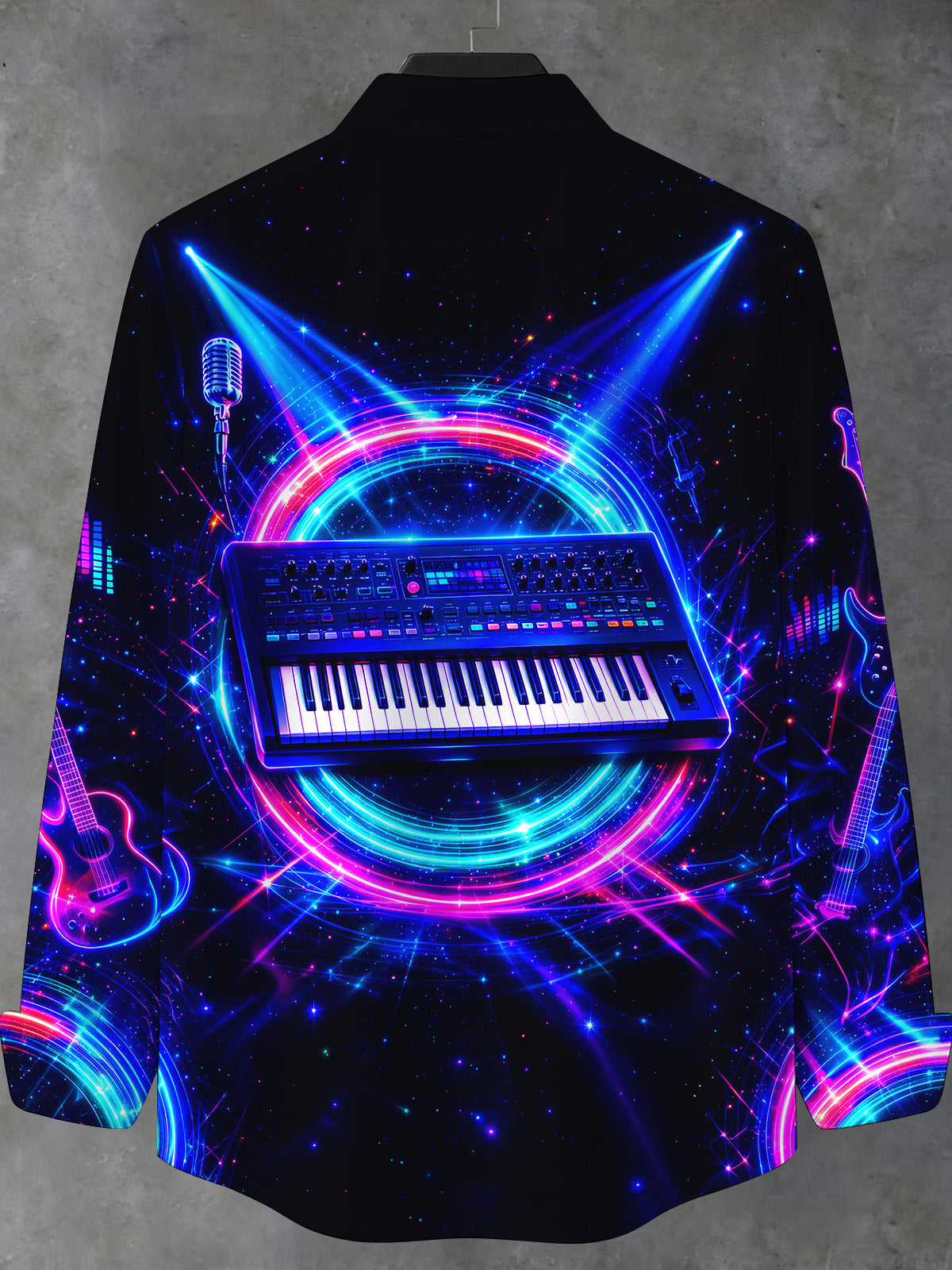 Adaychic Men's Long Sleeve Stand Collar Shirt - Neon Synthesizer Keyboard And Musical Instruments Print