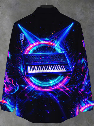 Adaychic Men's Long Sleeve Stand Collar Shirt - Neon Synthesizer Keyboard And Musical Instruments Print