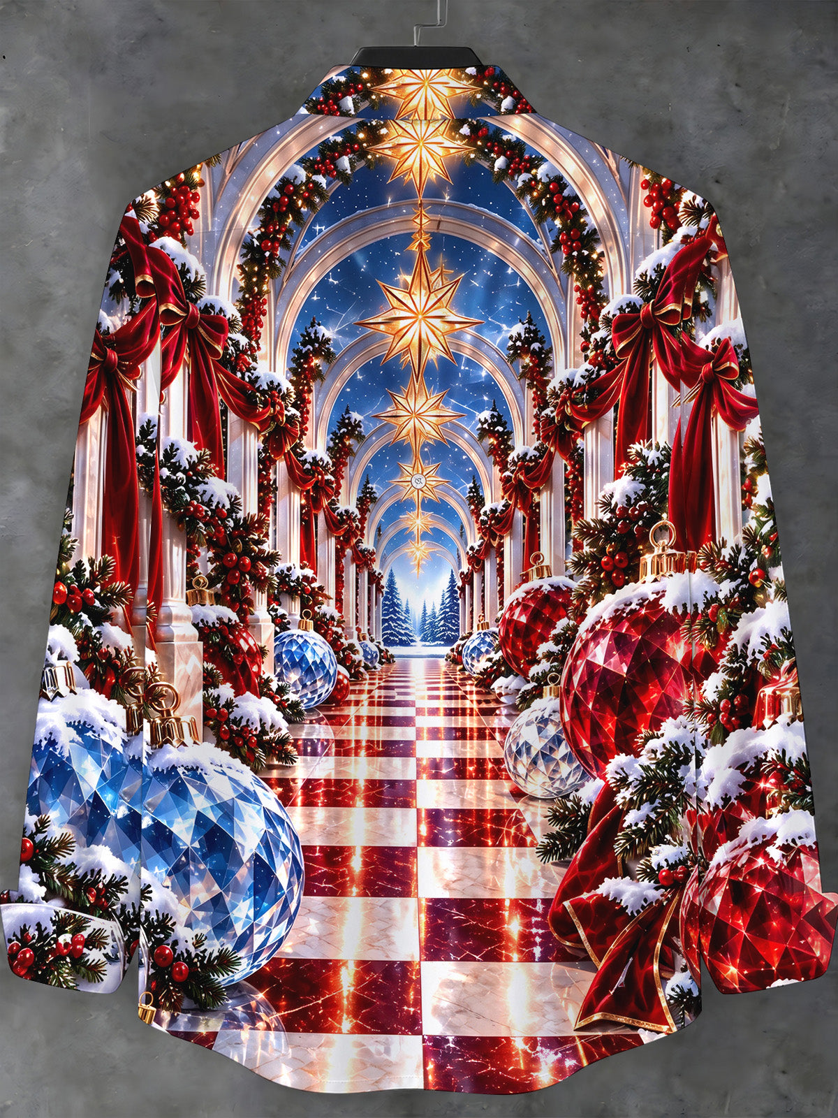 Adaychic Men's Long Sleeve Stand Collar Shirt - Christmas Arch With Ornaments And Snow Print