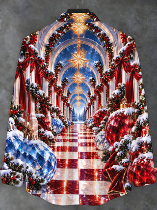 Adaychic Men's Long Sleeve Stand Collar Shirt - Christmas Arch With Ornaments And Snow Print