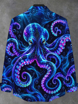 Adaychic Men's Hawaiian Neon Octopus And Bubbles Print Long Sleeve Shirt