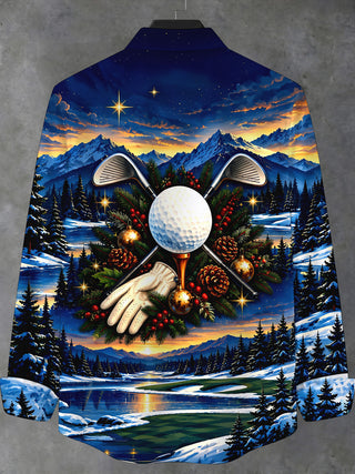 Adaychic Men's Long Sleeve Stand Collar Shirt - Golf Equipment And Christmas Ornaments Print