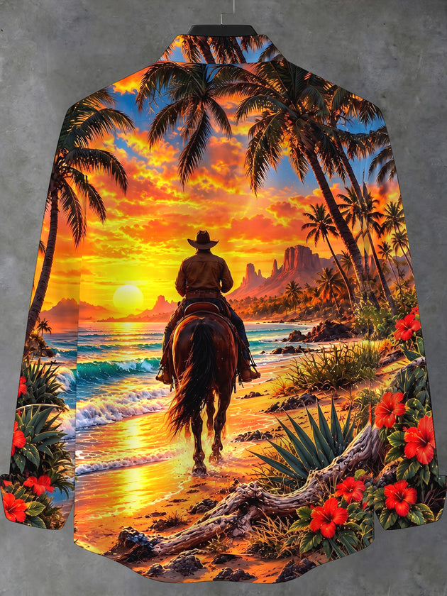 Adaychic Men's Long Sleeve Stand Collar Shirt - Cowboy On Horseback At Beach Sunset Print