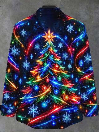 Adaychic Men's Long Sleeve Shirt - Neon Christmas Tree With Ornaments And Star Print