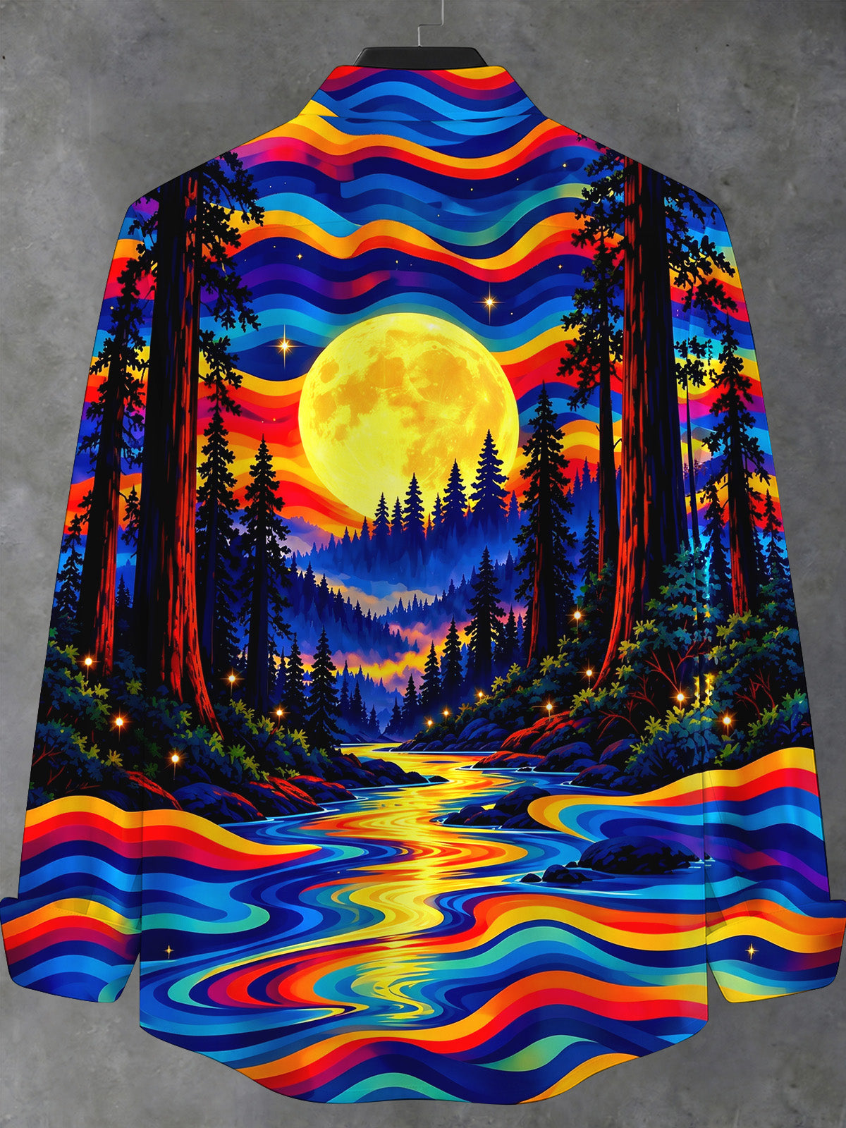 Adaychic Men's Long Sleeve Stand Collar Shirt - Psychedelic Forest Landscape With Full Moon Print
