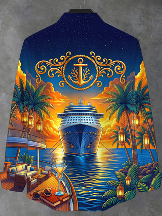 Adaychic Men's Cruise Ship And Palm Trees Print Long Sleeve Stand Collar Shirt