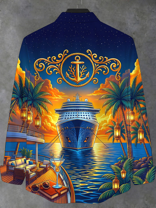 Adaychic Men's Cruise Ship And Palm Trees Print Long Sleeve Stand Collar Shirt