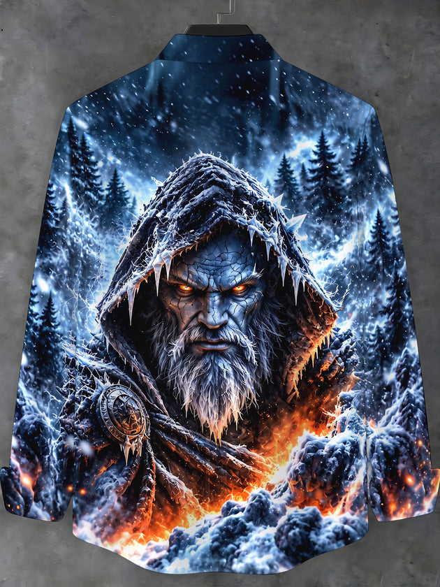 Adaychic Men's Long Sleeve Stand Collar Shirt - Frost Giant With Ice Hood And Glowing Orange Eyes Print
