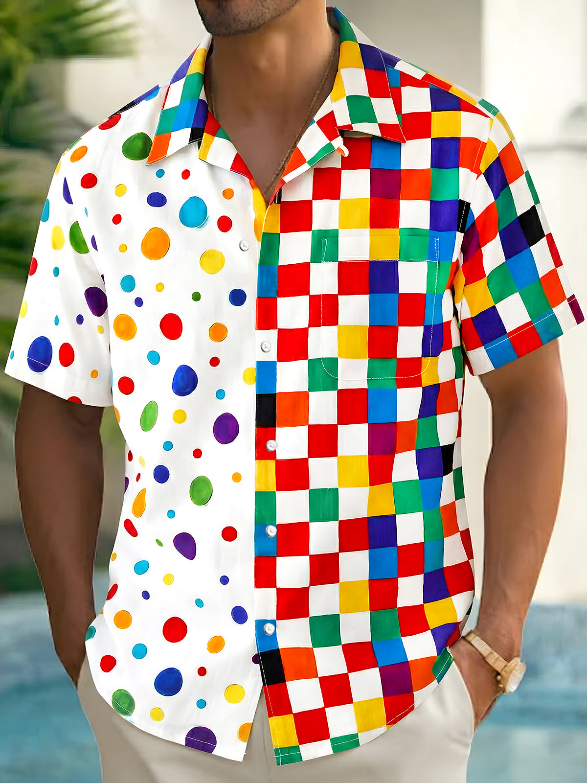 Men's short sleeve Hawaiian shirt front view for tropical beach vacation