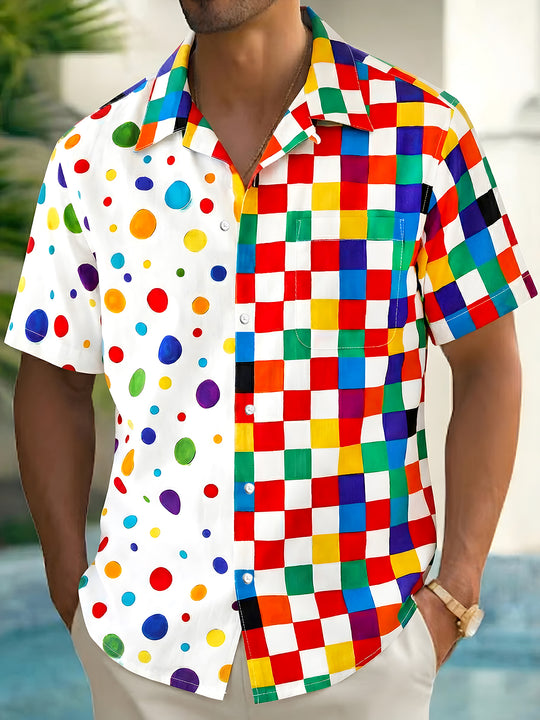 Men's short sleeve Hawaiian shirt front view for tropical beach vacation