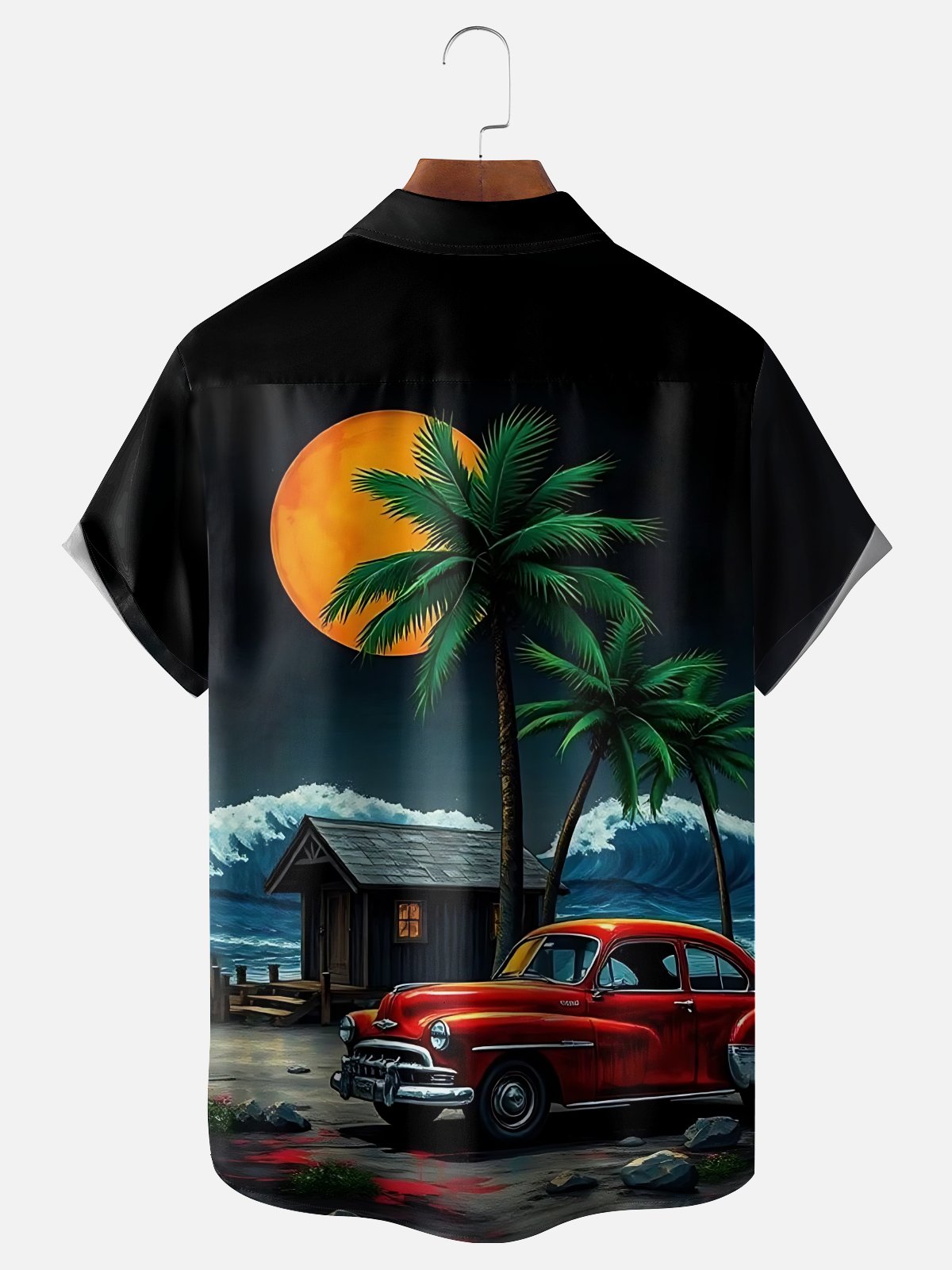 Coconut Trees Vintage Car Print Men's Pocket Short Sleeve Shirts