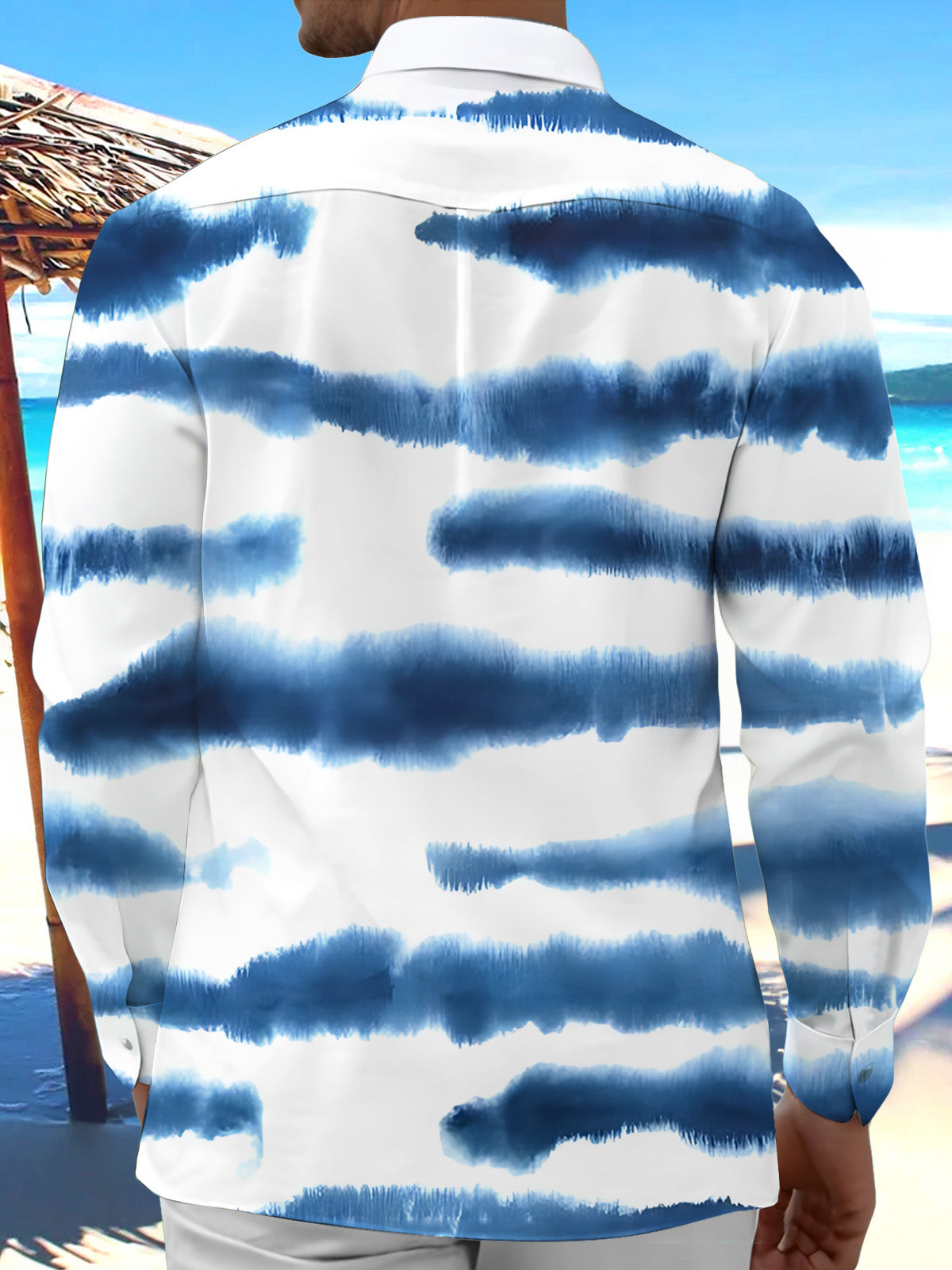 Adaychic Men's Blue And White Horizontal Stripes Print Long Sleeve Shirt with Chest Pocket