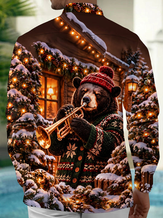 Adaychic Men's Long Sleeve Shirt - Christmas Brown Bear Playing Trumpet In Winter Scene Print with Chest Pocket