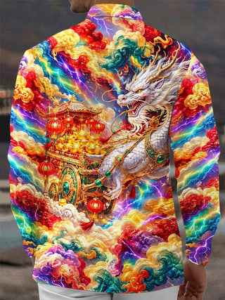 Adaychic Men's Long Sleeve Shirt - White Dragon And Golden Cart With Red Lanterns Print with Chest Pocket