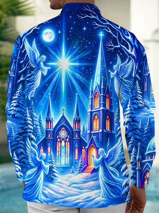Adaychic Men's Long Sleeve Shirt - Christmas Gothic Church With Angels And Starburst Print with Chest Pocket