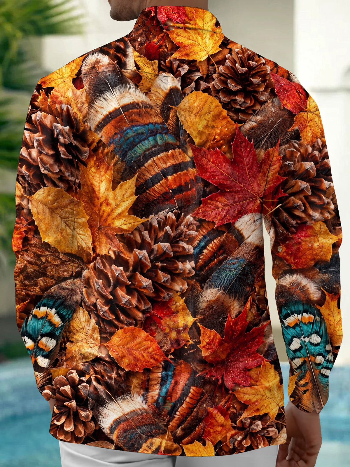 Adaychic Men's Thanksgiving Autumn Leaves And Pinecones Print Long Sleeve Shirt with Chest Pocket