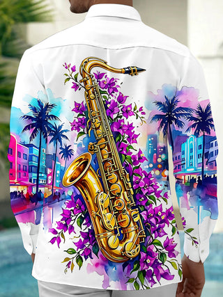 Adaychic Men's Hawaiian Saxophone And Purple Flowers Print Long Sleeve Shirt with Chest Pocket